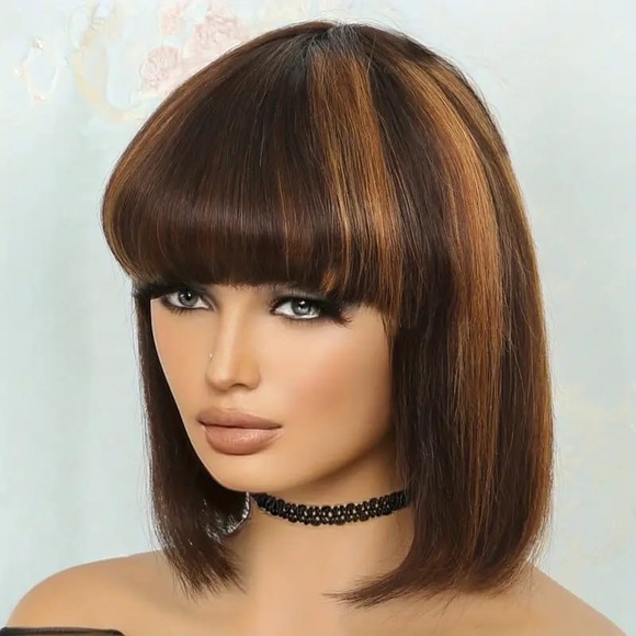 Golden Brown Brazilian Human Hair Short Bob Wig with Bangs in 8 Inches - Picture 5 of 5